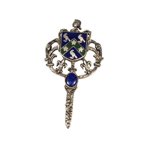 Vintage Jewelry - Vintage Heraldic Brooch Pin Silver Tone Crest Shield Blue Cabochon Sword Style